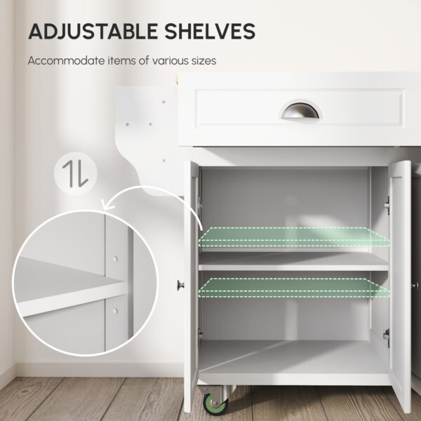Kitchen Island with Storage, Rolling Kitchen Island with Drop Leaf, Rubber Wood Top and Adjustable Shelves, White