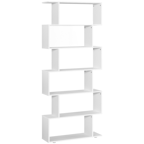 76" 6-Tier Geometric Wooden Bookcase S Shaped Storage Display Bookshelf Modern shelf Open Concept Living Room Home Office Furniture, White