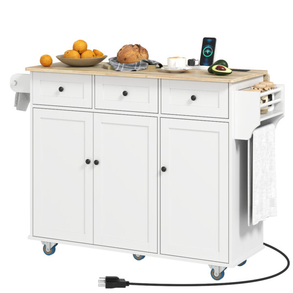 Kitchen Island on Wheels with Drop Leaf, Charging Station, Rolling Kitchen Cart with Wood Top, Adjustable Shelf, White