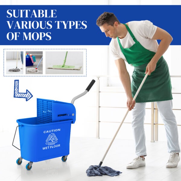 Compact Mop Bucket with Wringer, Mop Bucket on Wheels for Floor Cleaning, 5 Gallon, Separate Dirty and Clean Water, Blue