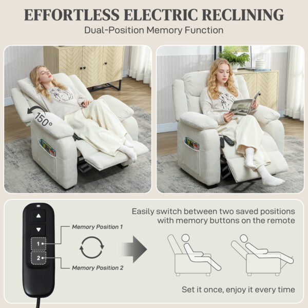 Massage Recliner Chair, Power Recliner with Quiet Brushless Motor, Remote, Pockets, 2 Memory Positions, Beige