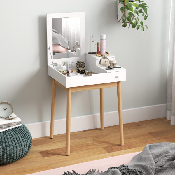 Makeup Vanity Table with Flip-up Mirror, Modern Dressing Table with 2 Drawers for Bedroom, White