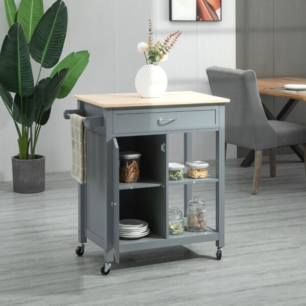 rPaf43197e44bd0eb.jpg Rolling Kitchen Cart with Wood Top and Drawer, Kitchen Island on Wheels for Dining Room, Grey