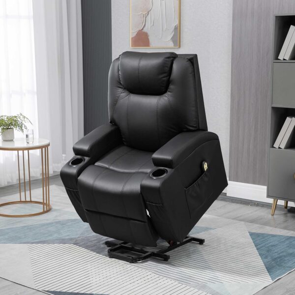 Power Lift Recliner Chair for Elderly, PU Leather Lift Chair with Footrest, Remote Control, Side Pockets and Cup Holders, Reclining Sofa for Living Room, Black