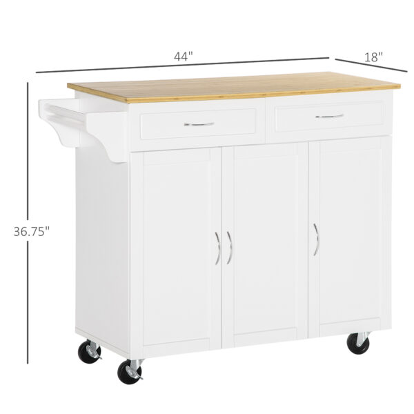 rvz919194961e05e2.jpg Kitchen Cart with Storage, Rolling Kitchen Island on Wheels with Bamboo Countertop, Drawers, Cabinets, 3 Doors, White