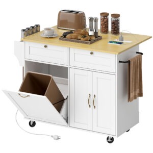 Kitchen Island Cart with Charging Station and Drop Leaf, Kitchen Island Table on Wheels with Trash Can Cabinet, White