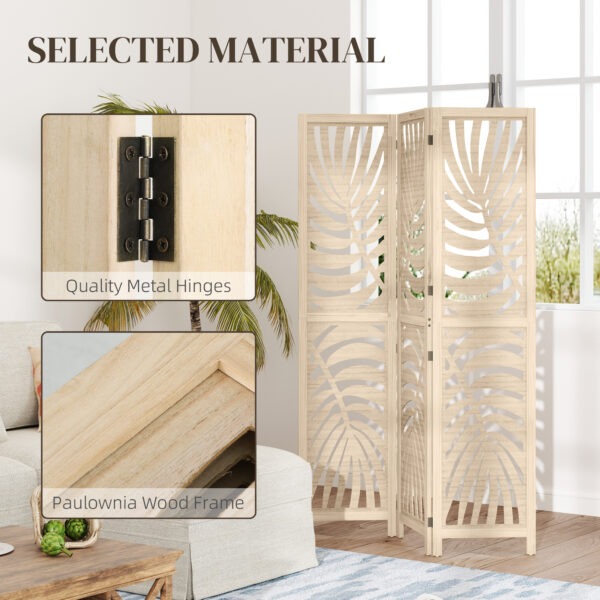 srZd2919491e47ad9.jpg 3 Panel Room Divider, Detachable Folding Privacy Screens with Palm Leaf Design for Home Office, Natural Wood Finish
