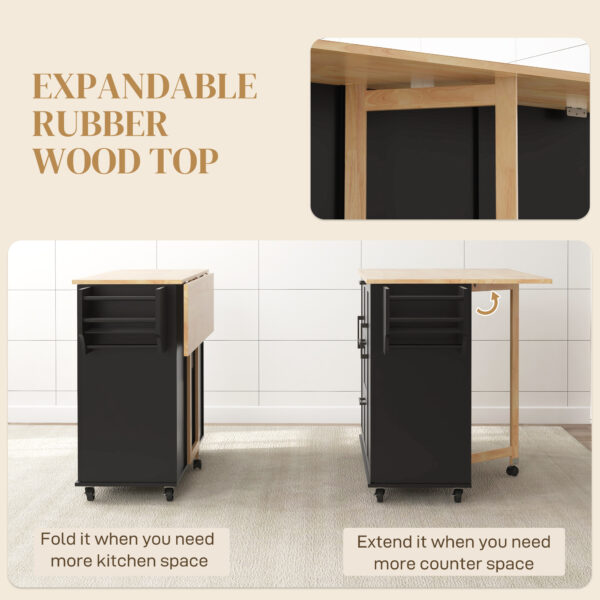 Rolling Kitchen Cart on Wheels with Drop Leaf, Kitchen Island with 3 Drawers, Solid Wood Top and Towel Rack, Black