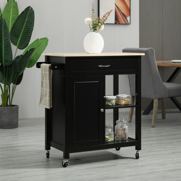 t85f431970f9f5565.jpg Rolling Kitchen Cart with Wood Top and Drawer, Kitchen Island on Wheels for Dining Room, Black | Aosom Canada