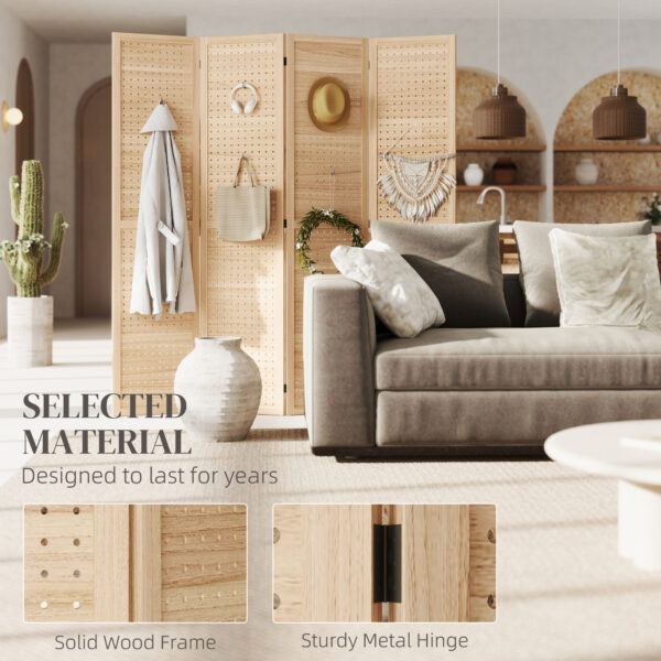 5.6 Ft. Tall 4-Panel Room Divider, Pegboard Panel Freestanding Folding Privacy Screen Panels, Partition Wall Divider for Indoor Bedroom Office, Natural