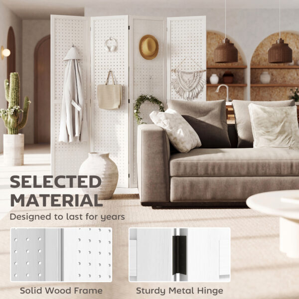 5.6 Ft. Tall 4-Panel Room Divider, Pegboard Panel Folding Privacy Screen, Partition Wall Divider for Bedroom, White