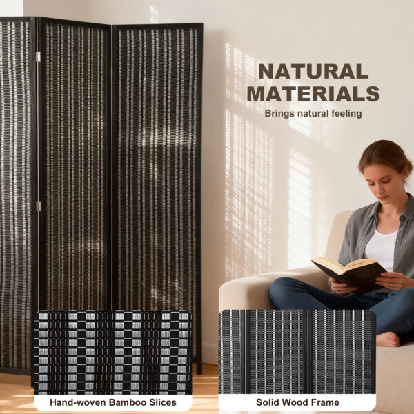 Folding Privacy Screen, 6 Panel Room Divider, Freestanding Partition with Handwoven Bamboo and Pine Wood Frame, Black