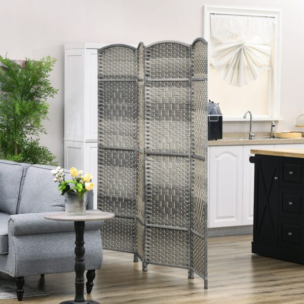 6 Ft Tall Folding Room Divider, 4 Panel Portable Privacy Screen, Hand-Woven Partition Wall Divider, Mixed Grey