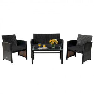 4 Pieces Patio Rattan Cushioned Furniture Set-Black