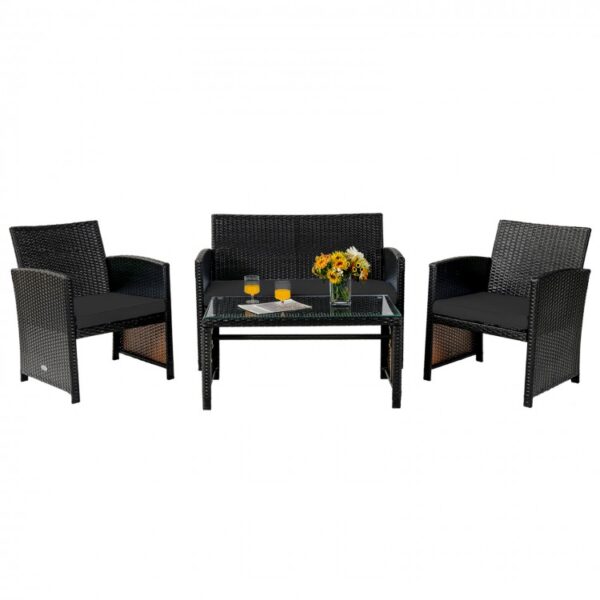4 Pieces Patio Rattan Cushioned Furniture Set-Black