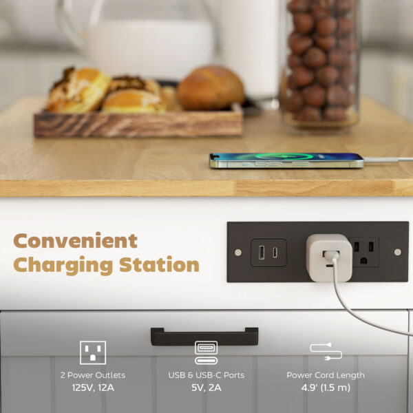 Kitchen Island Cart, Portable Kitchen Island Table with Charging Station, Rubber Wood Drop Leaf, Trash Storage, White
