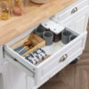 Kitchen Island with Storage, Rolling Kitchen Island with Drop Leaf, Rubber Wood Top and Adjustable Shelves, White