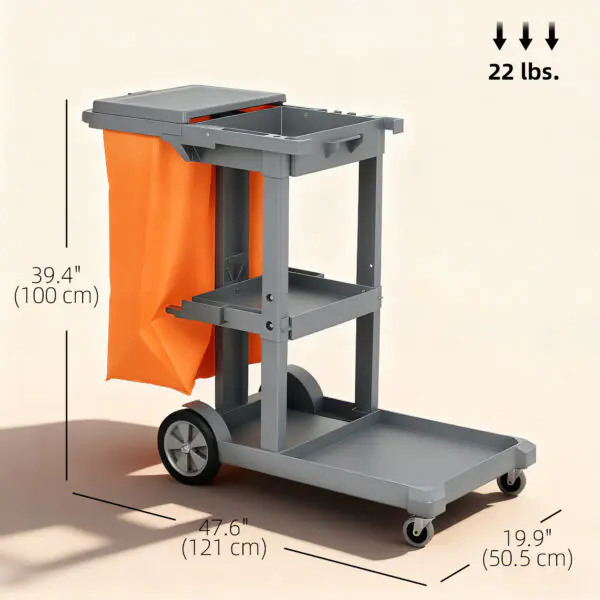 vL877419b9e3d8e86.jpg Commercial Janitorial Cart with 3 Tier Shelves, Cleaning Cart with Rubbish Bag and Mop Mount for Hotel Restaurant, Grey