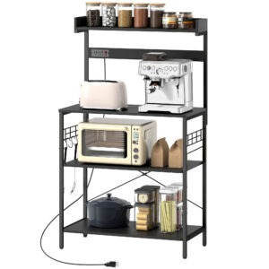 Kitchen Baker's Rack with Power Outlet, Coffee Bar Station with Adjustable Shelves and Hooks, Distressed Black