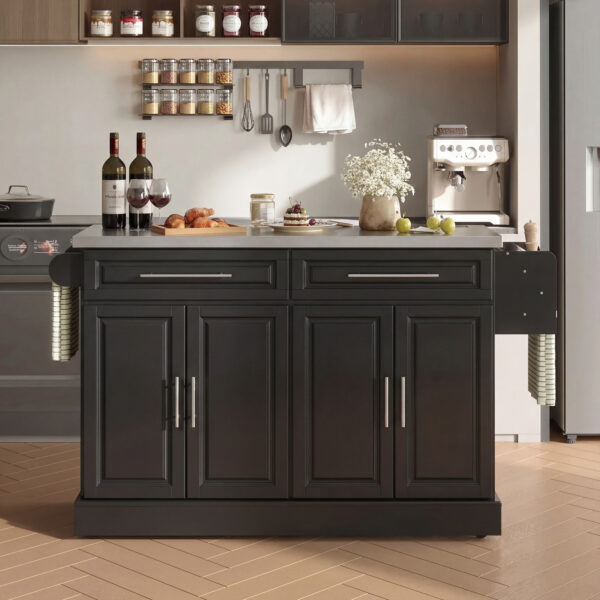 Rolling Kitchen Island with Storage and Stainless Steel Top, Kitchen Trolley with Drawers, Cabinets, Towel Rack