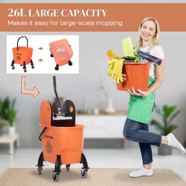 wnFa5e19bb73e9a52.jpg 6.9 Gal/26L Mop Bucket, Mop Bucket with Wringer, Wheels and Handle, Orange