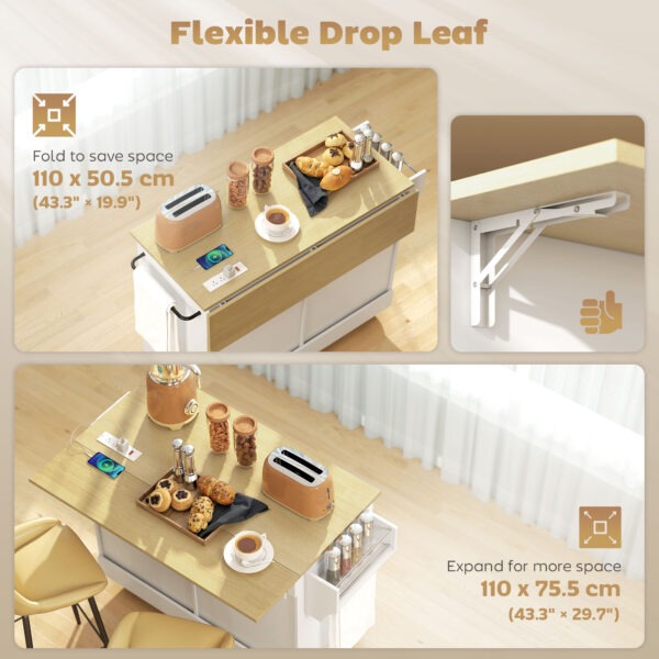 Kitchen Island Cart with Charging Station and Drop Leaf, Kitchen Island Table on Wheels with Trash Can Cabinet, White