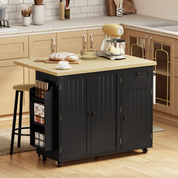 x7ncf819b9d6189c2.jpg Kitchen Island Cart, Rolling Kitchen Island Table with Drop Leaf, Drawer, Spice and Towel Rack, Black