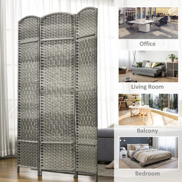 6 Ft Tall Folding Room Divider, 3 Panel Portable Privacy Screen, Hand-Woven Partition Wall Divider, Mixed Grey