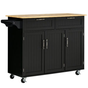 Modern Kitchen Island, Utility Kitchen Serving Cart with 2 Storage Drawers & Cabinets for Dining Room, Black