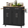 Kitchen Island on Wheels with Rubberwood Top, Rolling Kitchen Cart with 2 Drawers, 4 Doors and Adjustable Shelves