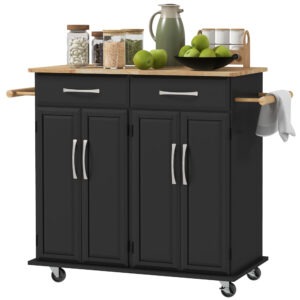 Kitchen Island on Wheels with Rubberwood Top, Rolling Kitchen Cart with 2 Drawers, 4 Doors and Adjustable Shelves