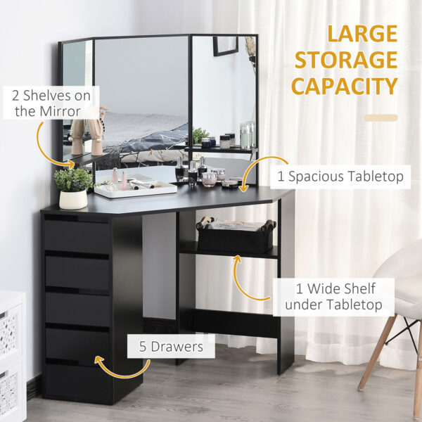 Corner Vanity Desk with Mirror, Makeup Vanity Table with 5 Drawers and Open Shelves, Dressing Table with 3-piece Mirror for Bedroom, Black