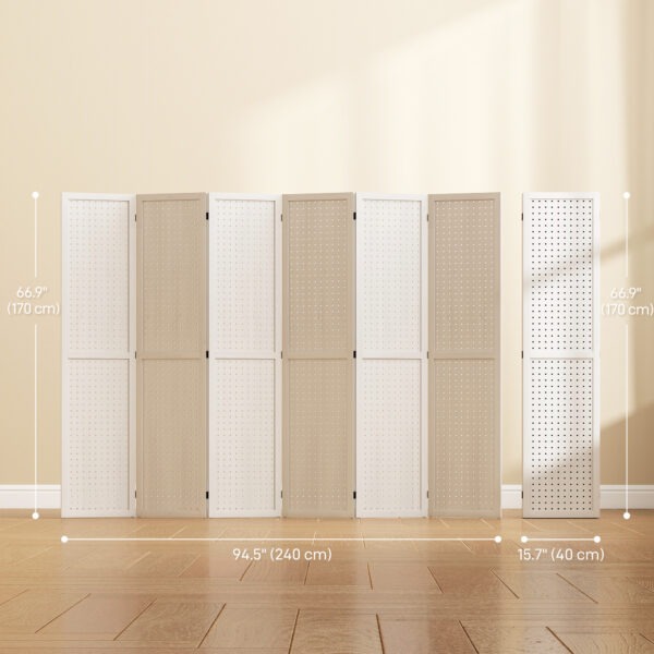 5.6 Ft. Tall 6-Panel Room Divider, Pegboard Panel Folding Privacy Screen, Partition Wall Divider for Bedroom, White