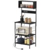 Black baker’s rack with charging station, shelves, and 5 hooks
