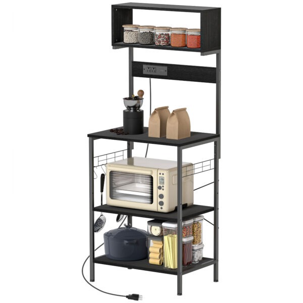 Black baker’s rack with charging station, shelves, and 5 hooks
