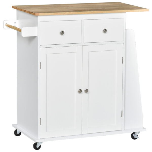Rolling Kitchen Island Trolley Storage Cart with Rubber Wood Top, 3-Tier Spice Rack, Towel Rack Home Kitchen Carts, White