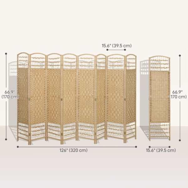 8 Panel Folding Room Divider, Portable Privacy Screen, Wave Fiber Room Partition for Home Office, Natural