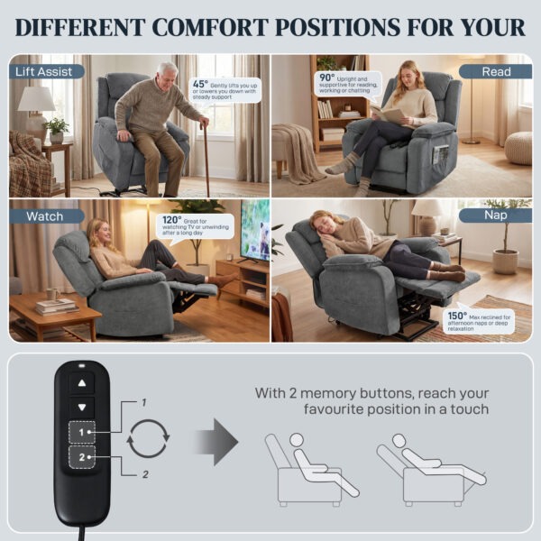 Power Recliner Chair with Massage, Electric Lift Chair for Elderly with Side Pockets, 2 Memory Positions, Remote, Grey