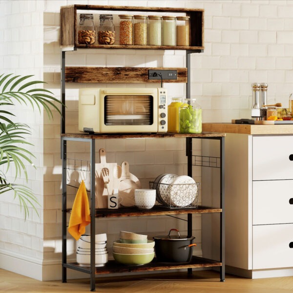 Baker's Rack with Charing Station, Microwave Shelf with Power Outlet, USB Charger and 5 Hooks, Rustic Brown