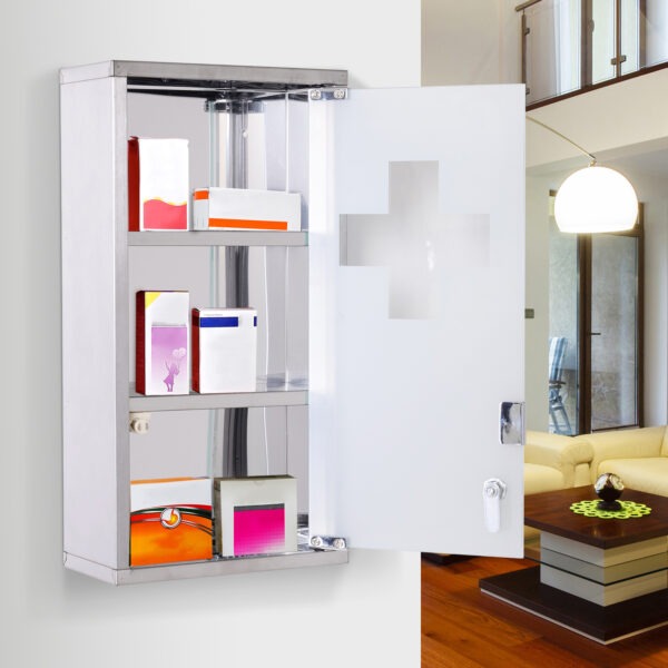 Wall Mount Medicine Cabinet Bathroom Cabinet with 2 Shelves, Stainless Steel Frame and Glass Door, Lockable with 2 Keys