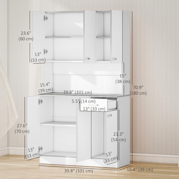 71" Modern Buffet with Hutch, Standing Kitchen Hutch with Storage Cabinets, Drawer, Open Space with Microwave Stand, White