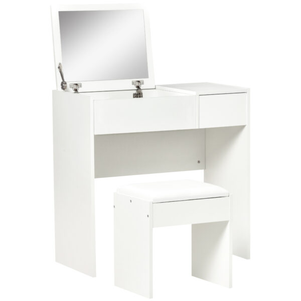Modern Vanity Set with Flip Top Mirror and Cushioned Stool, Dressing Table with Storage Drawer for Bedroom, White