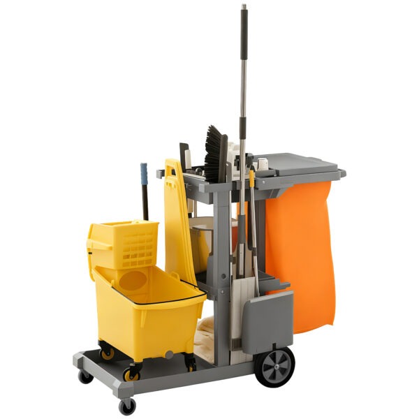 Commercial Janitorial Cart with 3 Tier Shelves, Cleaning Cart with Rubbish Bag and Mop Mount for Hotel Restaurant, Grey