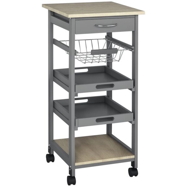 Rolling Kitchen Island Cart, Mobile Utility Storage Cart with Drawer, Wire Storage Basket, Removable Tray, Grey
